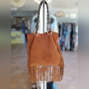 DSQUARED Suede Fringe Tote Bag W Braided Leather Shoulder Straps